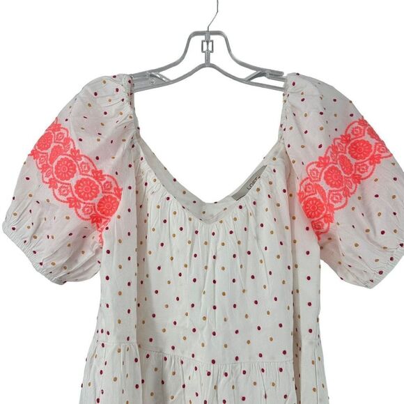 LOFT Puff Sleeve Dot Embroidered Tiered Swing Dress Size XS White Pink Boho Prep - Picture 2 of 8